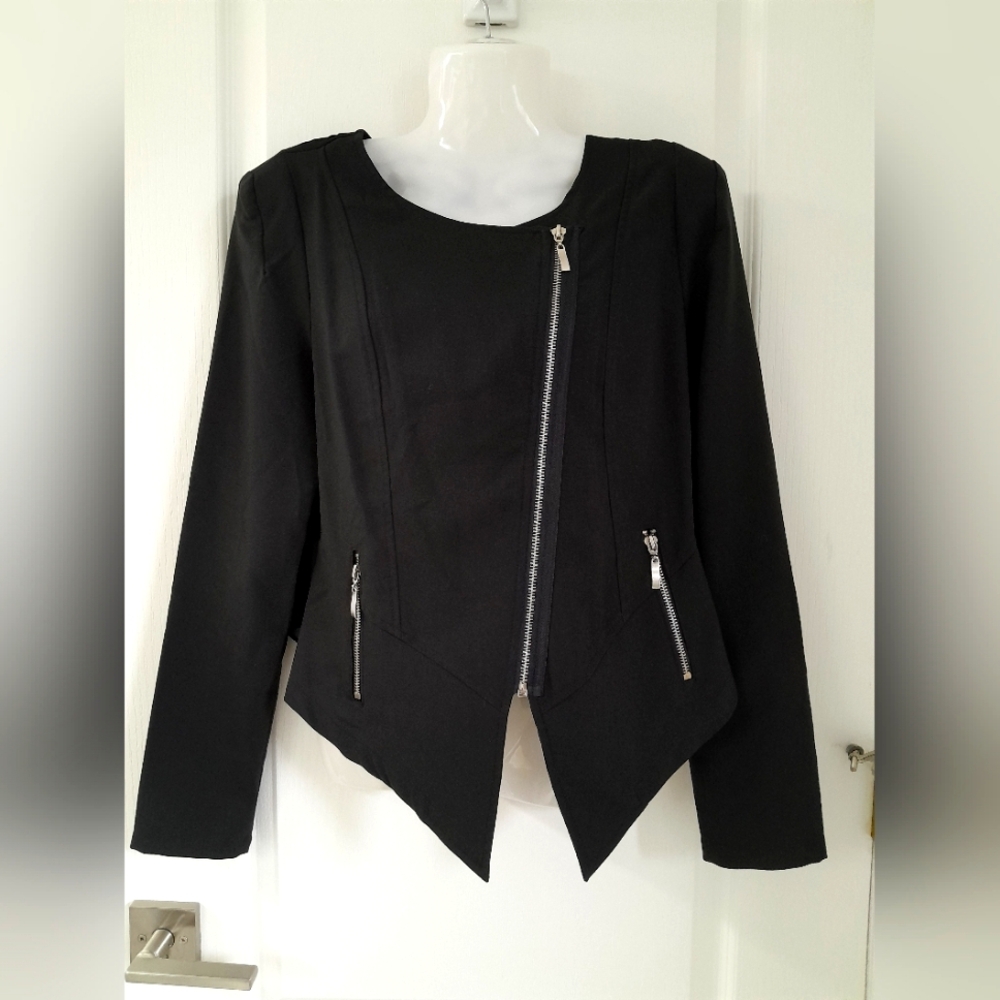 Forever 21 Black Asymmetrical Blazer with Silver Zipper